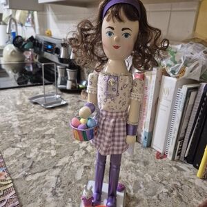 Purple Wooden Easter Nutcracker with Basket of Eggs
